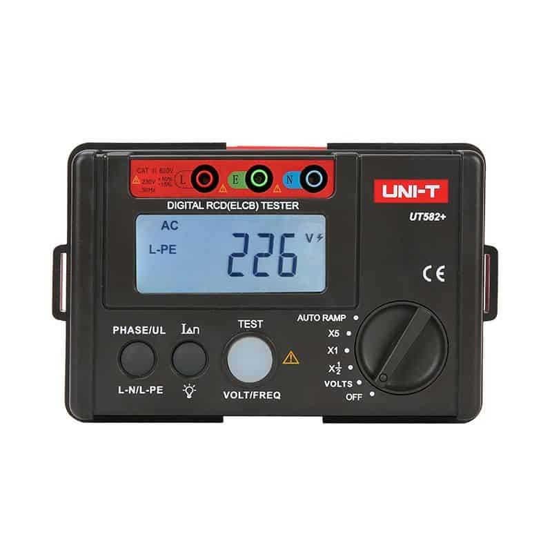 Uni-T UT582+ Digital RCD Tester. A portable and reliable tester for Residual Current Devices (RCDs) to ensure electrical safety.