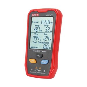 Uni-T UT673PV Solar MPPT Meter, a handheld device for measuring the performance of solar panels. It displays key parameters like voltage, current, and power.