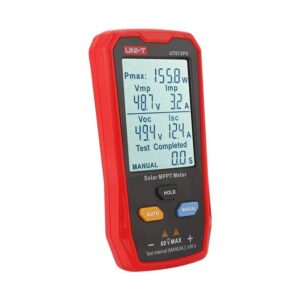 Uni-T UT673PV Solar MPPT Meter, a handheld device for measuring the performance of solar panels. It displays key parameters like voltage, current, and power.