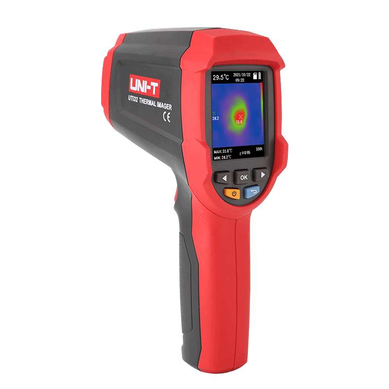 A close-up of the Uni-T UTi32 High Temperature Thermal Camera, a handheld device with a rugged design and a color display.