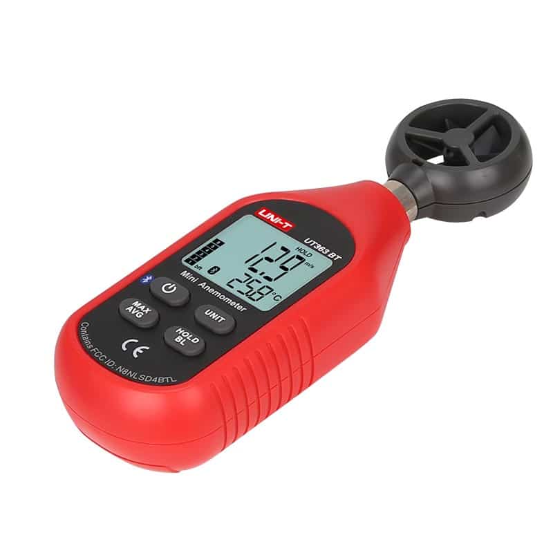 Uni-T UT363BT Bluetooth Mini Anemometer, a compact handheld device for measuring wind speed and temperature, featuring Bluetooth connectivity for data logging.