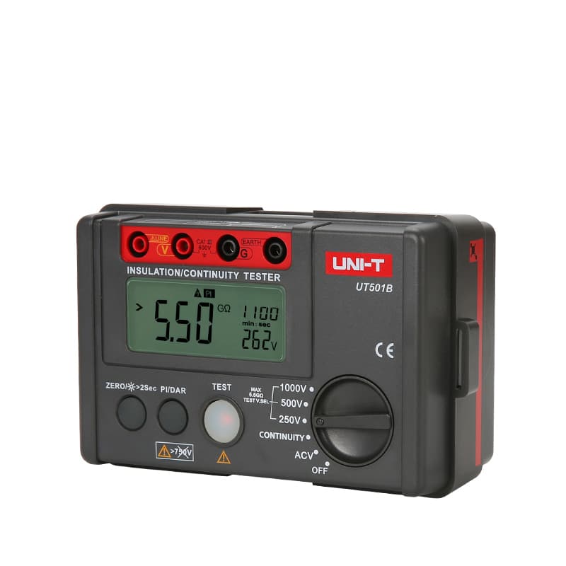 Uni-T UT501B 1000V Insulation Resistance Tester, a handheld digital meter with a large LCD screen, rotary dial, and buttons, featuring DAR and PI functions for advanced electrical testing.